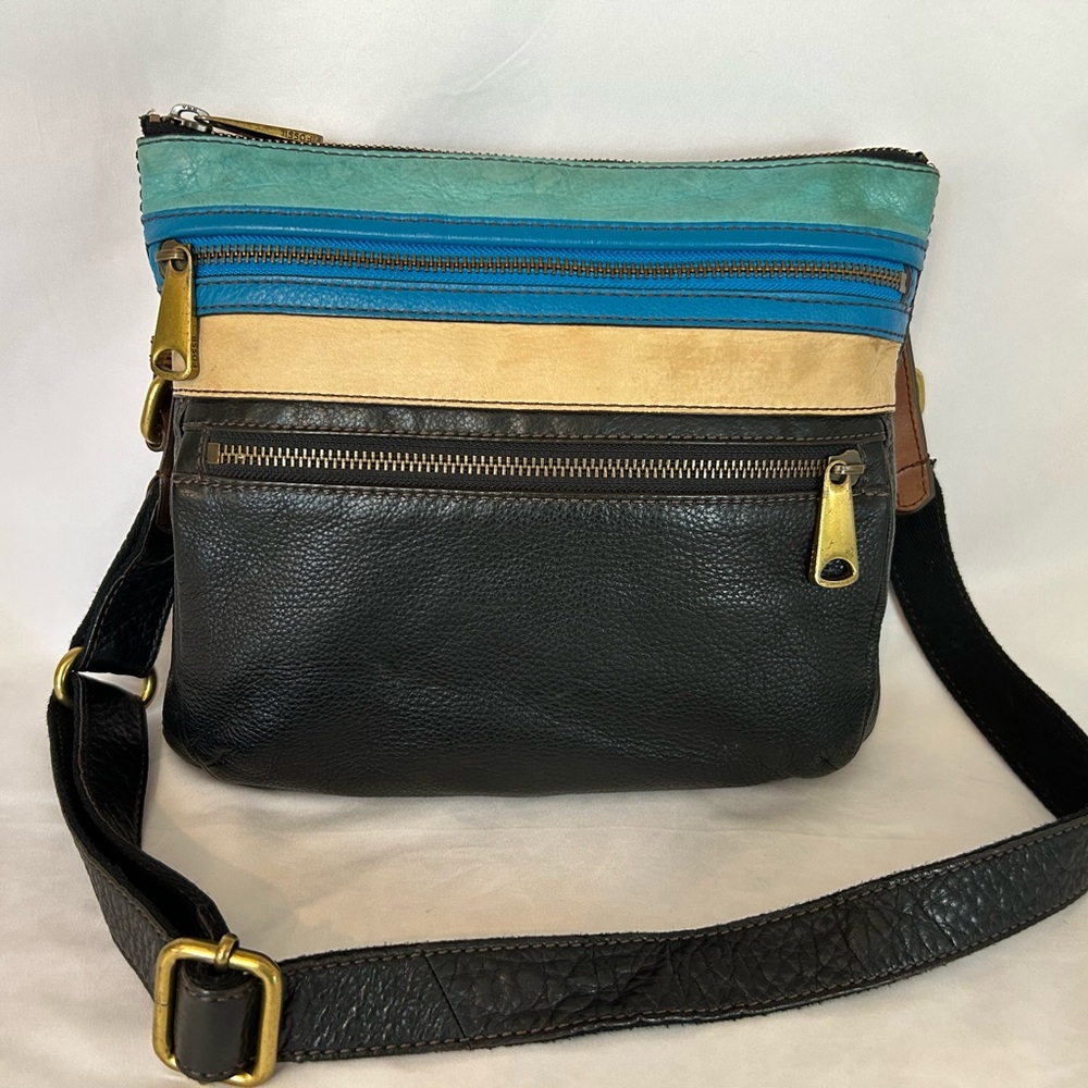 Vintage Y2K Fossil Explorer Leather Crossbody Bag Multicolor Stripe Design